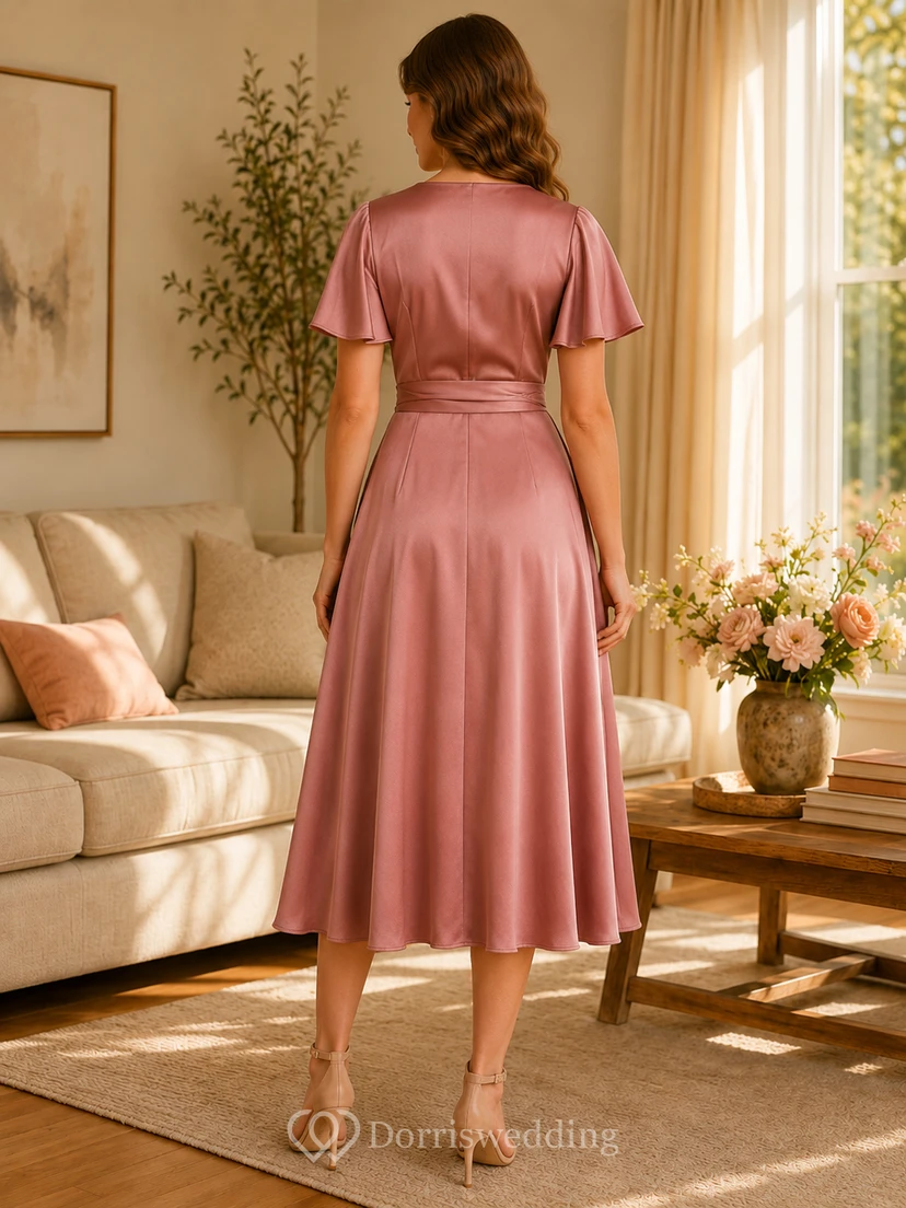 Altrosafarbenes Wickelkleid aus Satin mit V-Ausschnitt und flatternden Ärmeln, Midi-Länge view 2