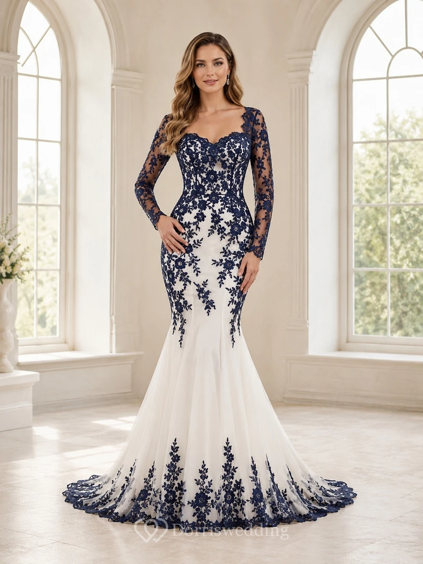 Marineblaues, geblümtes Meerjungfrauen-Brautkleid mit eckigem Ausschnitt, langen Ärmeln und Spitze aus Tüll