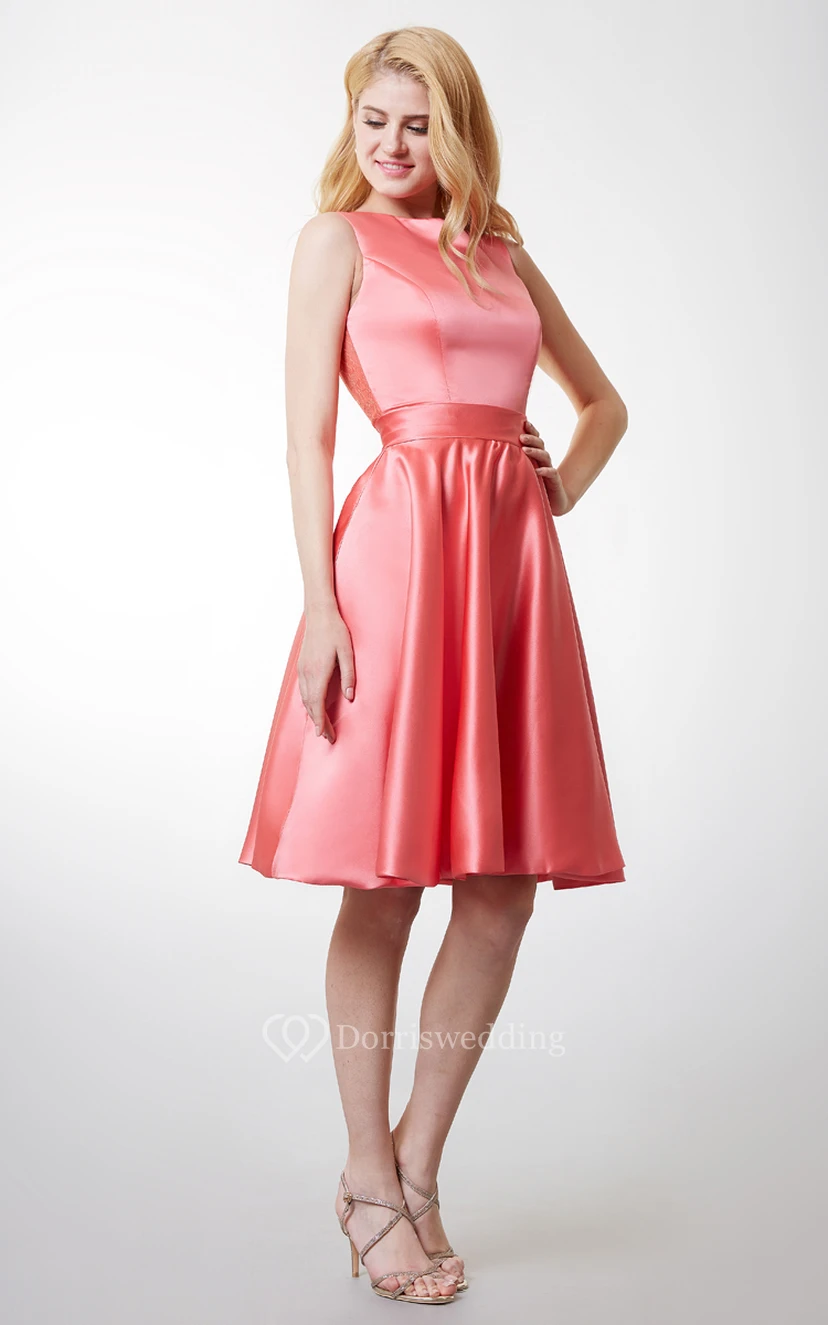 Elegant Bateau Neck Pleated Short Satin Dress With Lace Keyhole Back view 2