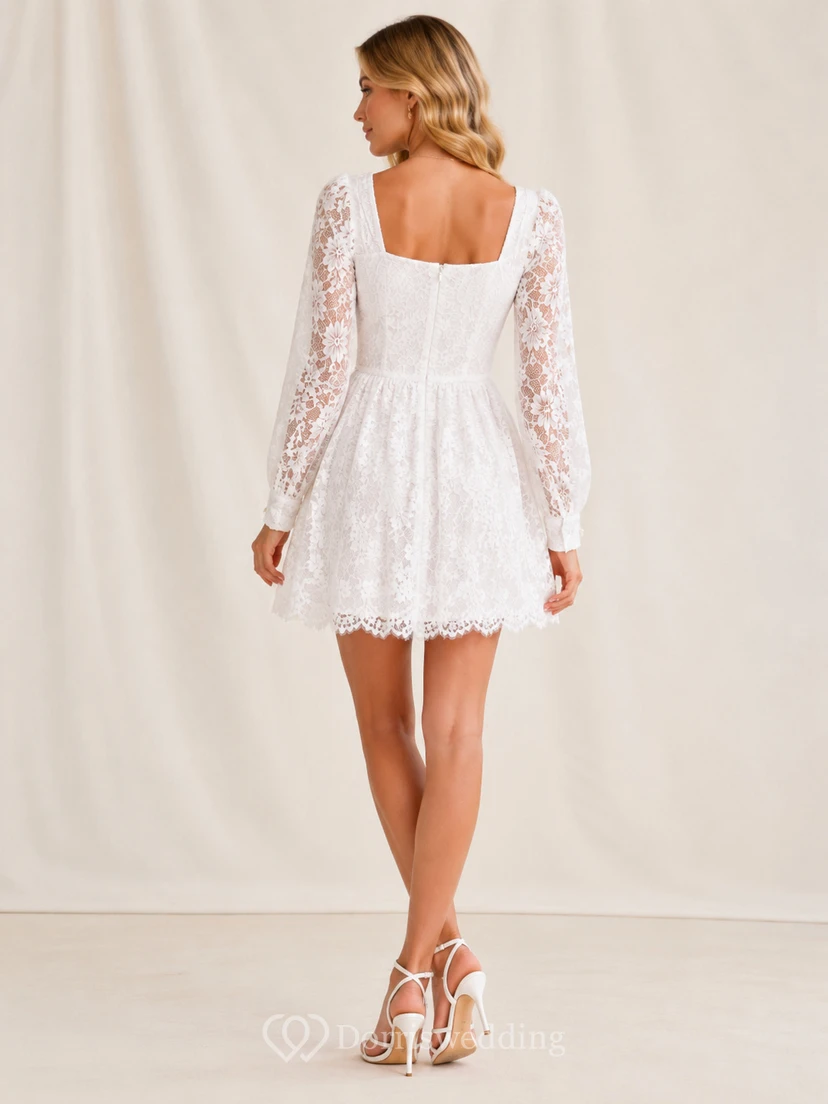 Romantic White Square Neck Long Sleeve Lace Homecoming Mini Dress view 2