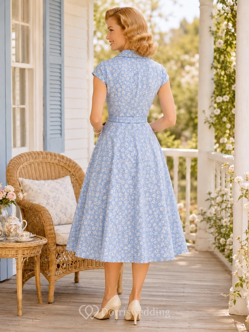 Vestido de té de corte A con cuello en V y mangas cortas, estampado floral azul cielo en gasa view 2
