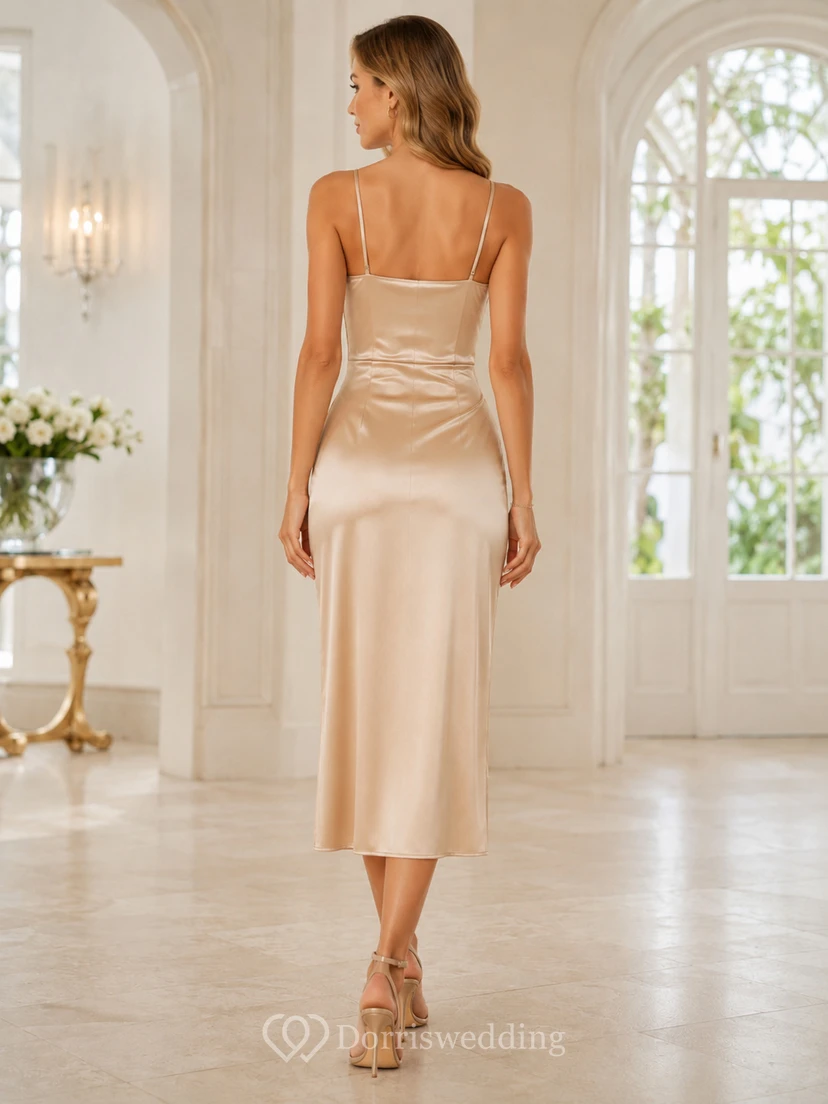 Gilded Ease Champagne Sheath Tea-Length Cowl Sleeveless Satin Elegant Cocktail Dress view 2
