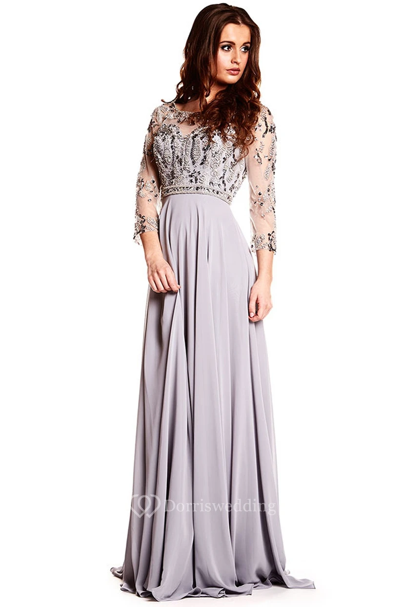 Maxi Long Sleeve Beaded Scoop Neck Chiffon Prom Dress With Illusion Back