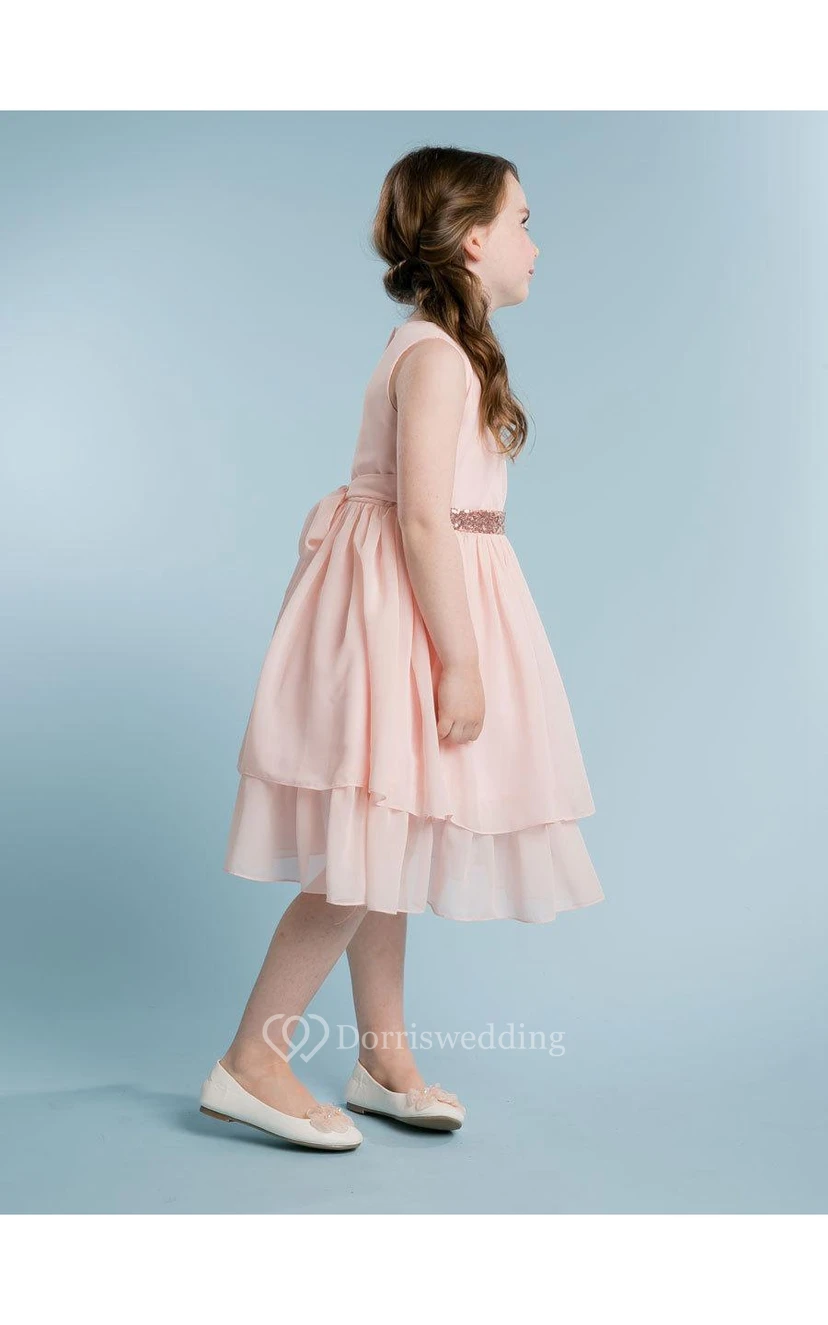 Sleeveless A-line Layered Chiffon Short Dress With Sequined Sash and Pleats view 2