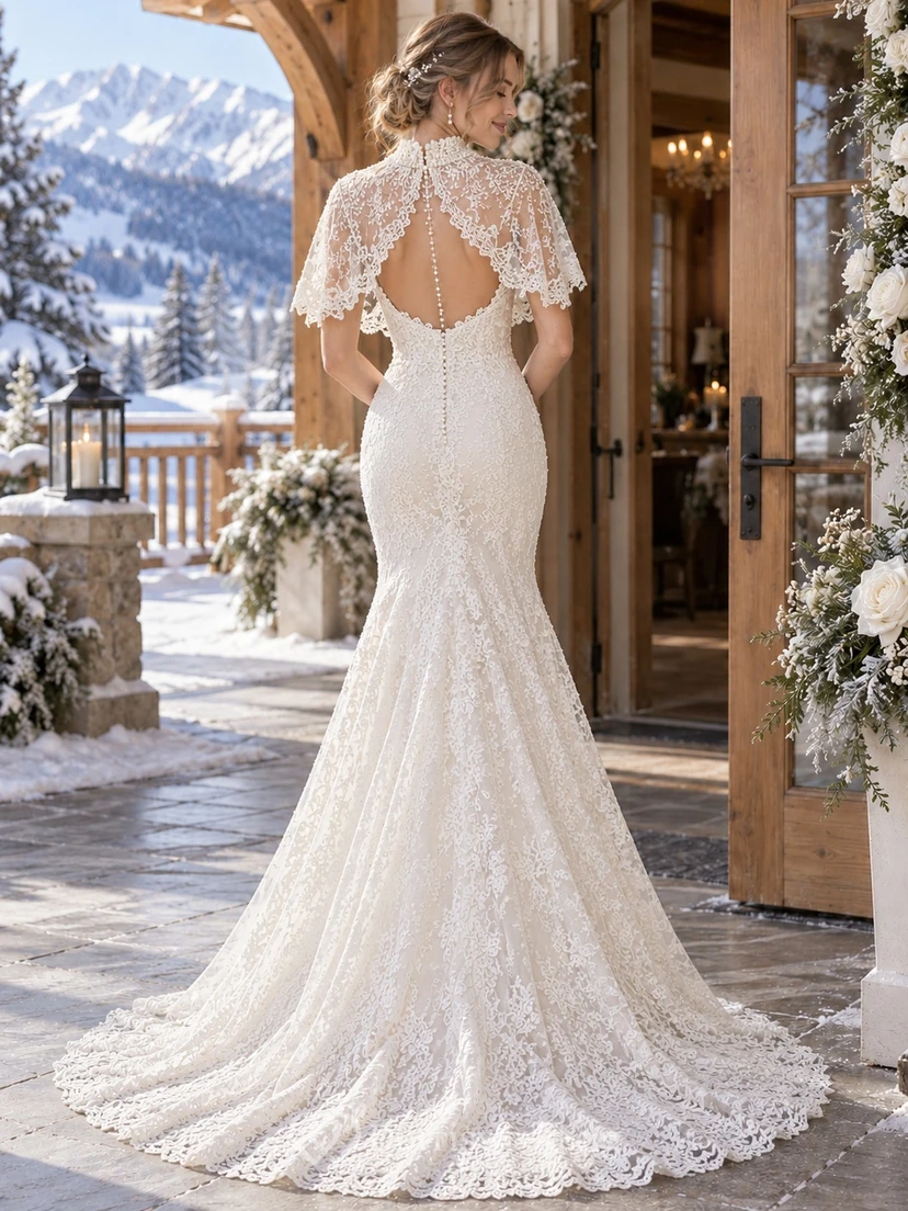 Kurzes, hochgeschlossenes Meerjungfrauen-Hochzeitskleid aus floraler Spitze mit kurzem Cape view 2