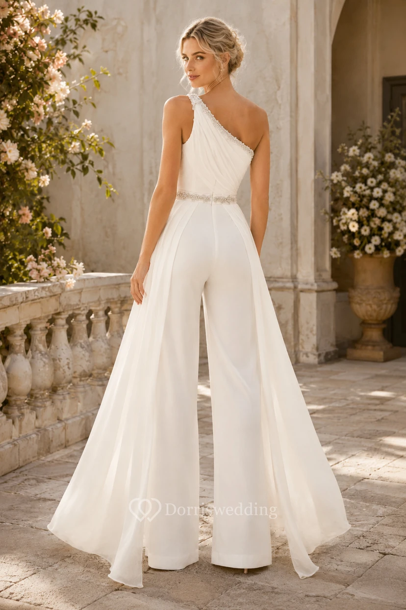 White One-Shoulder Bridal Jumpsuit with Chiffon Overskirt view 2
