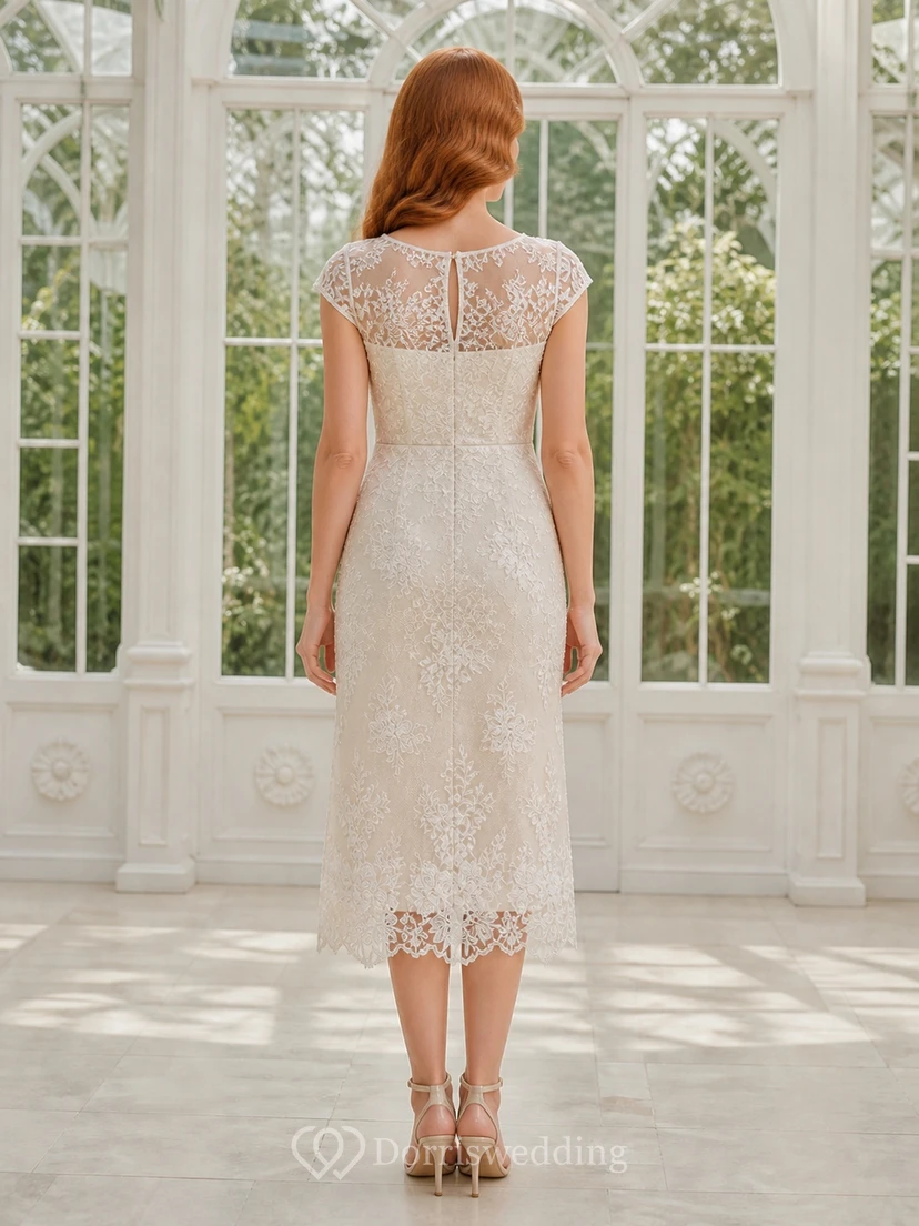 Tea-length Modest Bateau Floral Lace Cap Sleeve Sheath Wedding Dress view 2
