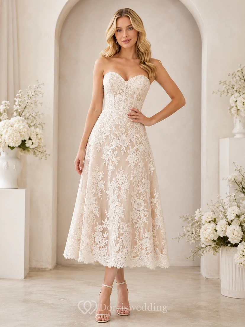 Ivory Lace Strapless Sweetheart A-Line Tea Length Bridesmaid Cocktail Dress