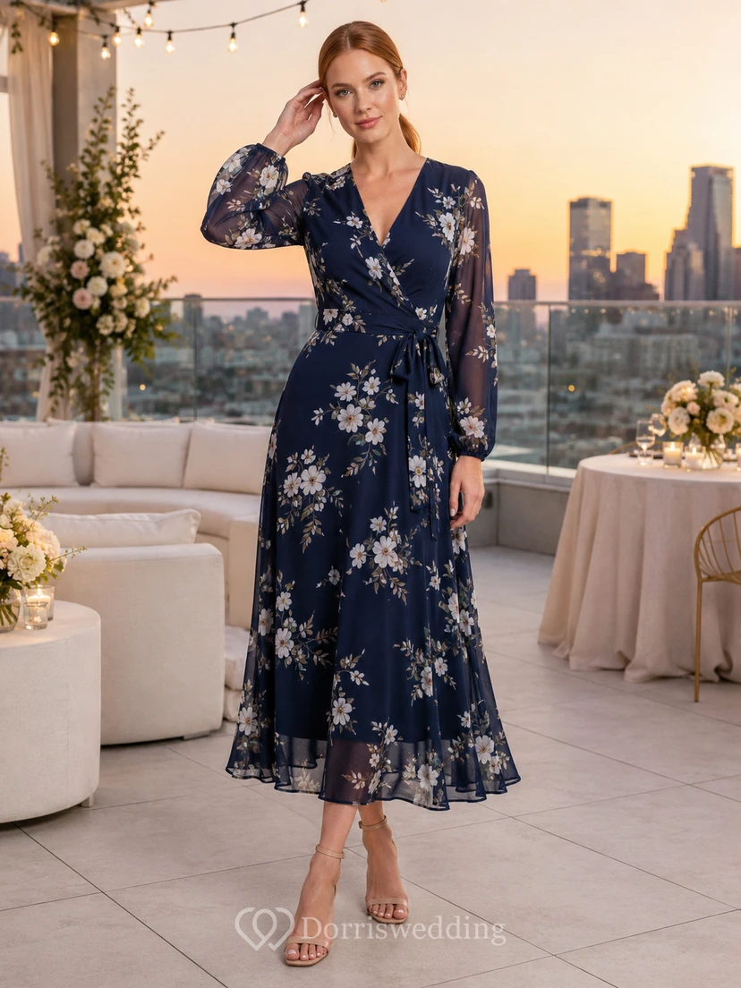 Rooftop Dark Navy Floral V-Neck Chiffon A-Line Tea-Length Long Sleeve Dress