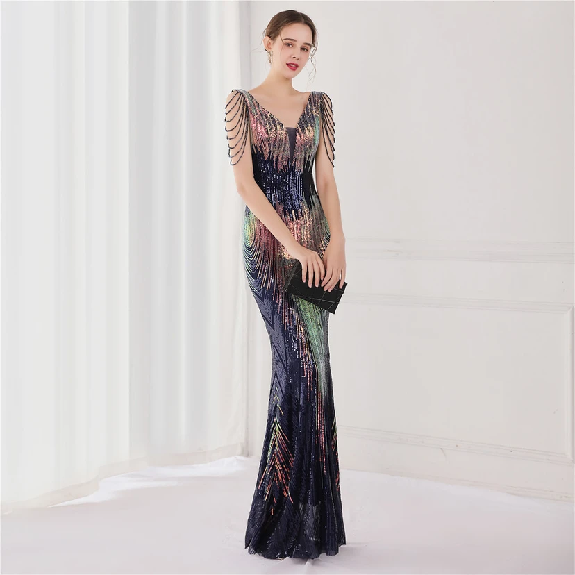 Vestido largo de lentejuelas con cola de pez, ideal para eventos, banquetes, eventos de celebridades y eventos de moda. Vestido de noche con etiqueta para modelos de automóviles. view 30