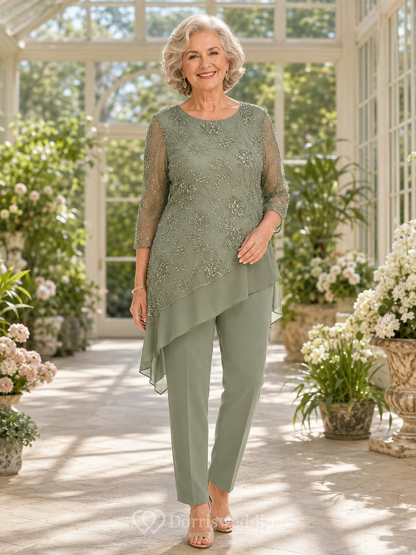 Elegante, asymmetrische Chiffon-Tunika mit Perlenbesatz in Salbeigrün, gerades Bein, formeller Hosenanzug für die Großmutter der Braut