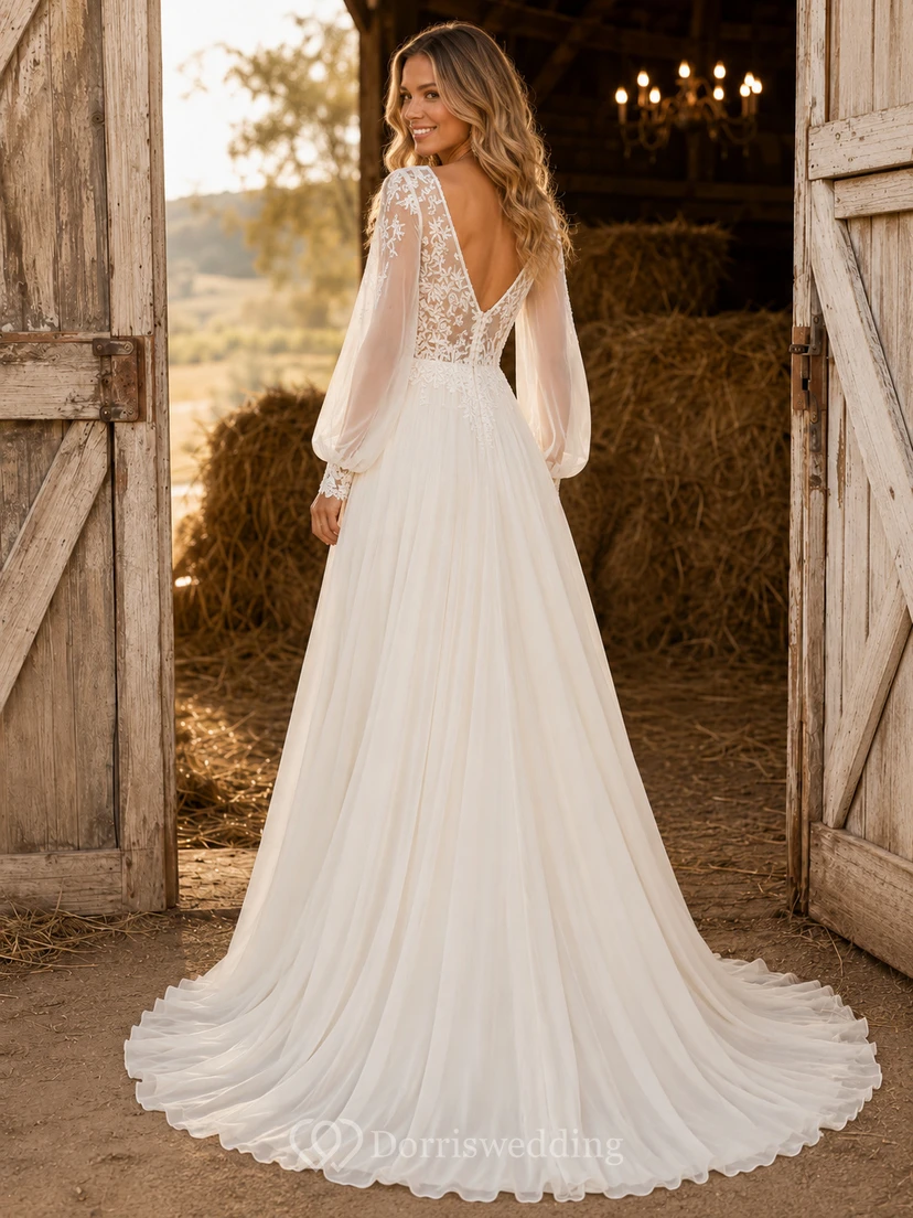 Vestido de novia campestre de gasa y encaje, corte A, escote en V, manga larga, cola capilla, espalda baja en V. view 2
