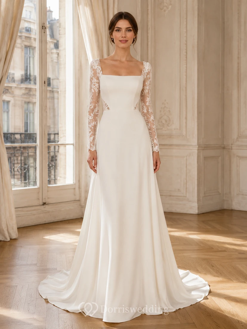 Robe de mariée classique en satin et dentelle, col carré, manches longues, coupe trapèze, traîne, manches fleuries, style vintage