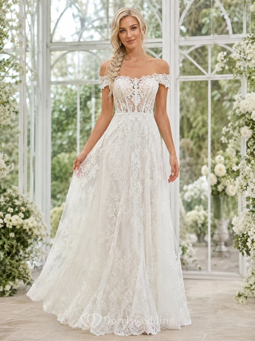 Off-Shoulder Lace A-Line Floor-Length Sweep Train Romantic Garden Wedding Dress