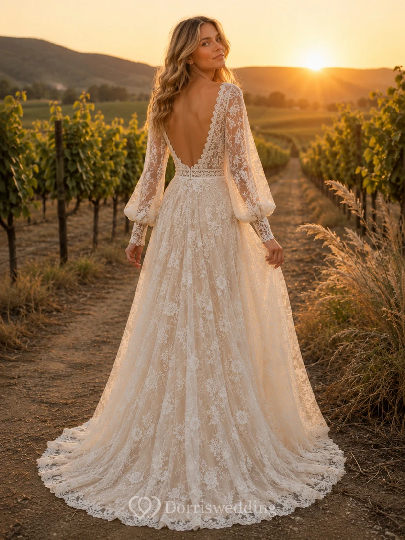 Brautkleid mit tiefem Poetenärmeln und A-Linien-Verzierung aus Weinbergsspitze view 2