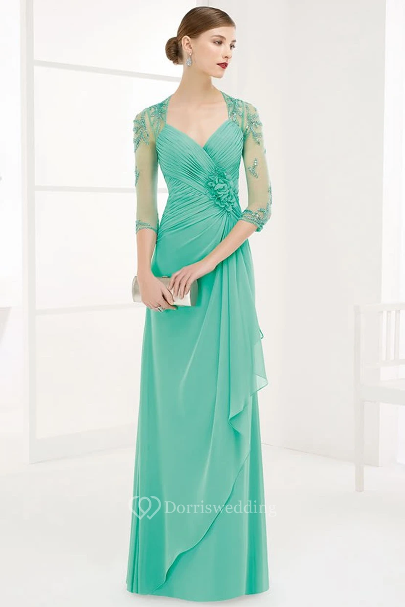 Sheath Ruched Floor-Length V-Neck Half-Sleeve Chiffon Prom Dress With Flower And Draping