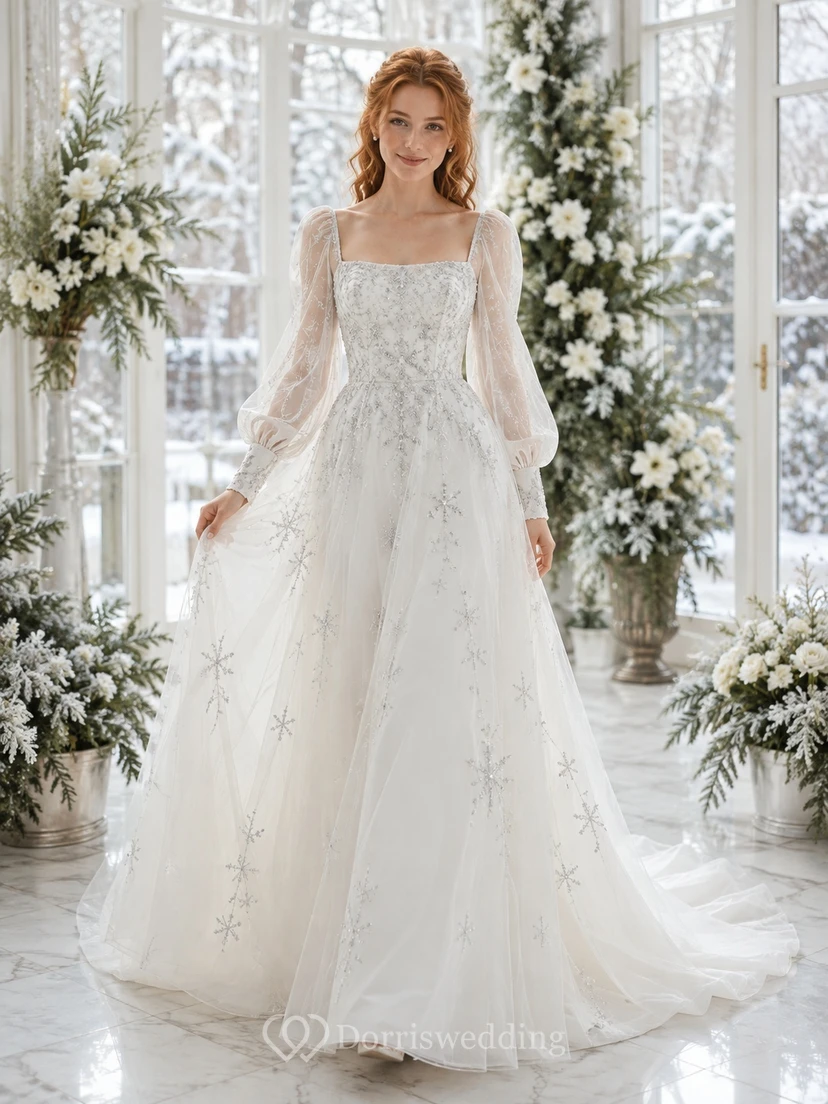 Silbernes Winterkleid im A-Linien-Stil mit Puffärmeln, eckigem Ausschnitt, langen Ärmeln, bodenlanger Schleppe und romantischem Design