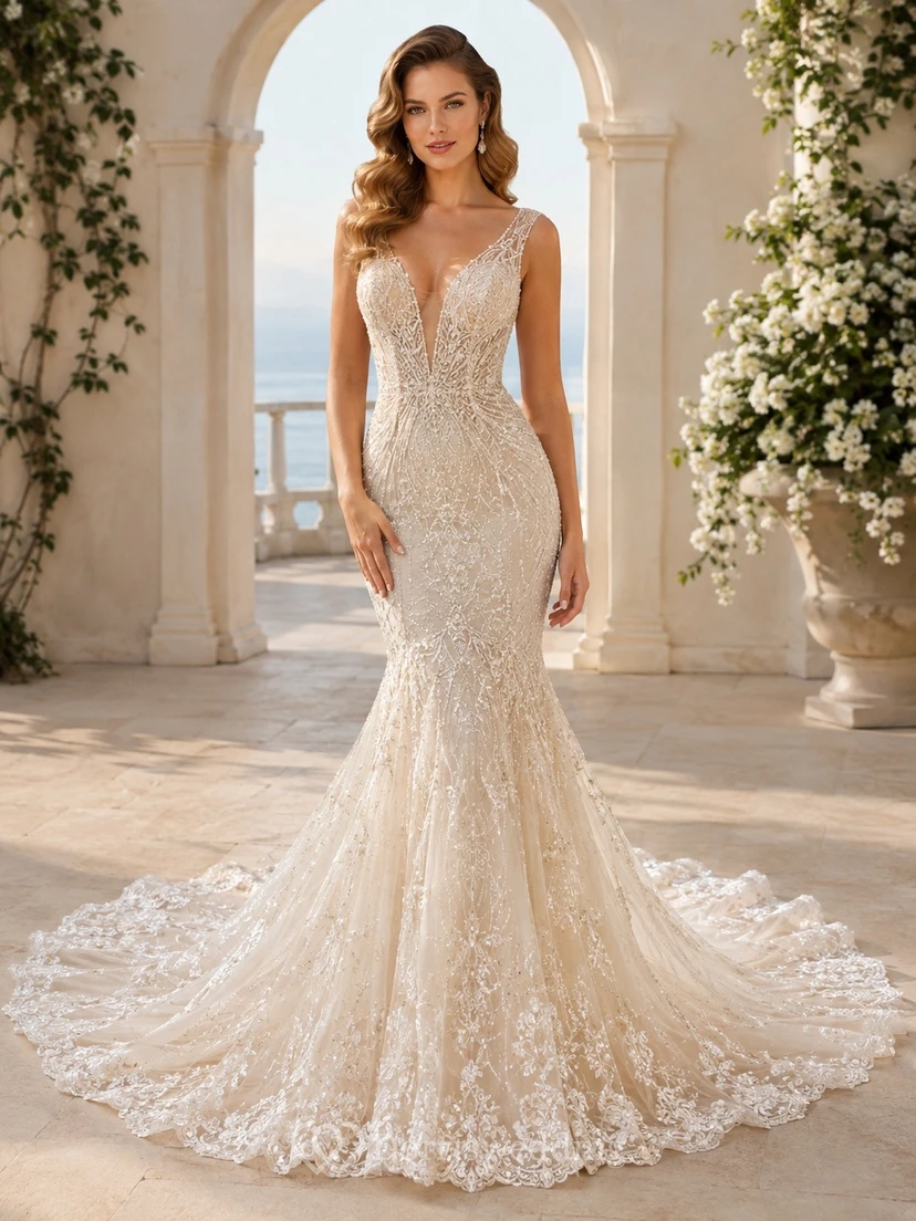 Vestido de novia de encaje con escote en V, corte sirena, cola catedral y detalles ornamentales para la ceremonia.