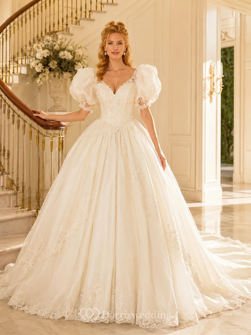Vestido de novia vintage romántico de manga corta con escote en V y encaje color crema