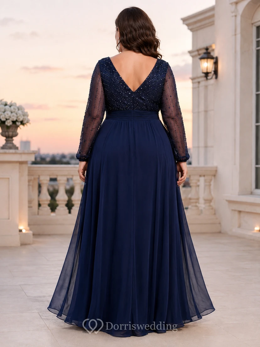 Vestido de noche largo hasta el suelo, de gasa con lentejuelas, cuello en V, mangas ilusión y escote en V, color azul marino oscuro, talla grande. view 2