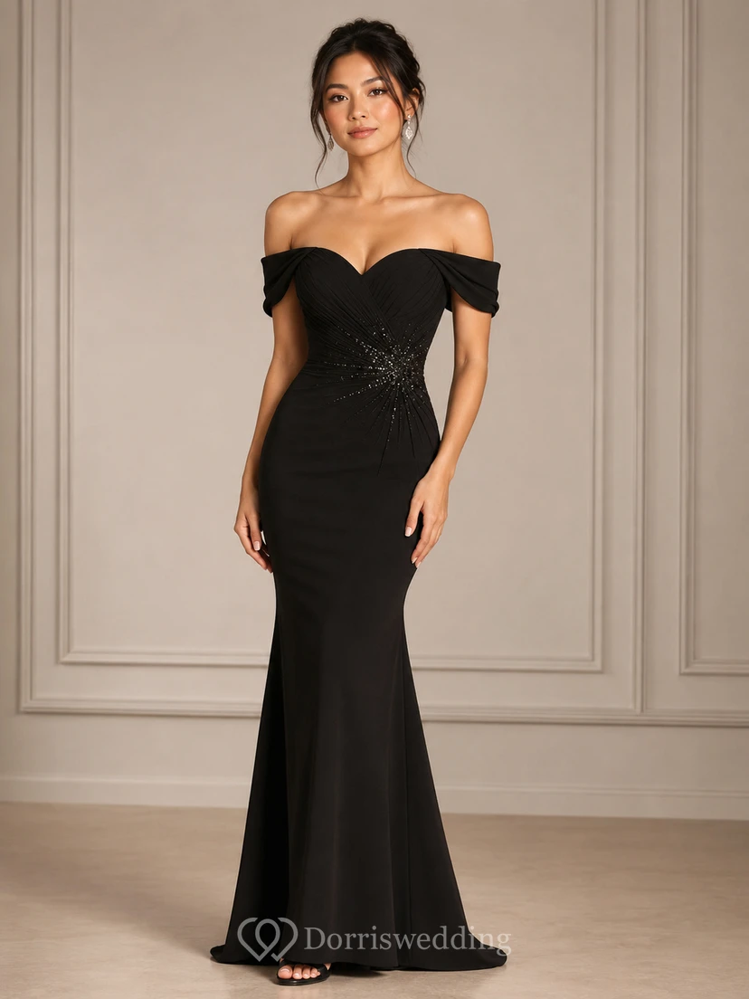 Meerjungfrauen-Abendkleid aus Satin mit schulterfreiem, ärmellosem Design, perlenbesetzten Raffungen und bodenlanger Silhouette