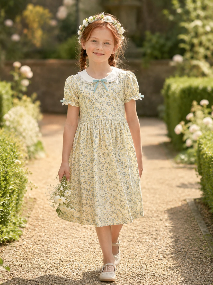 Robe de demoiselle d'honneur trapèze en coton imprimé de jonquilles, manches courtes et jupe arrivant au genou