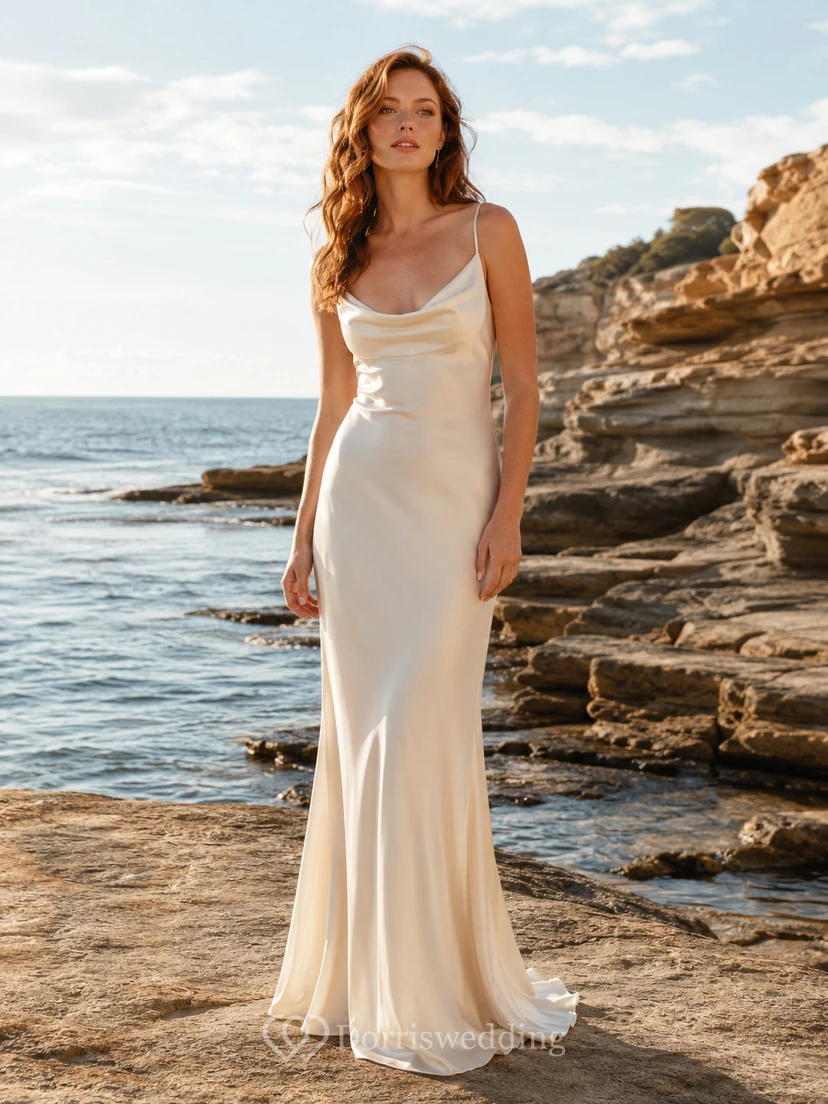 Spaghetti Strap Satin Rocky Shoreline Mermaid Elopement Gown