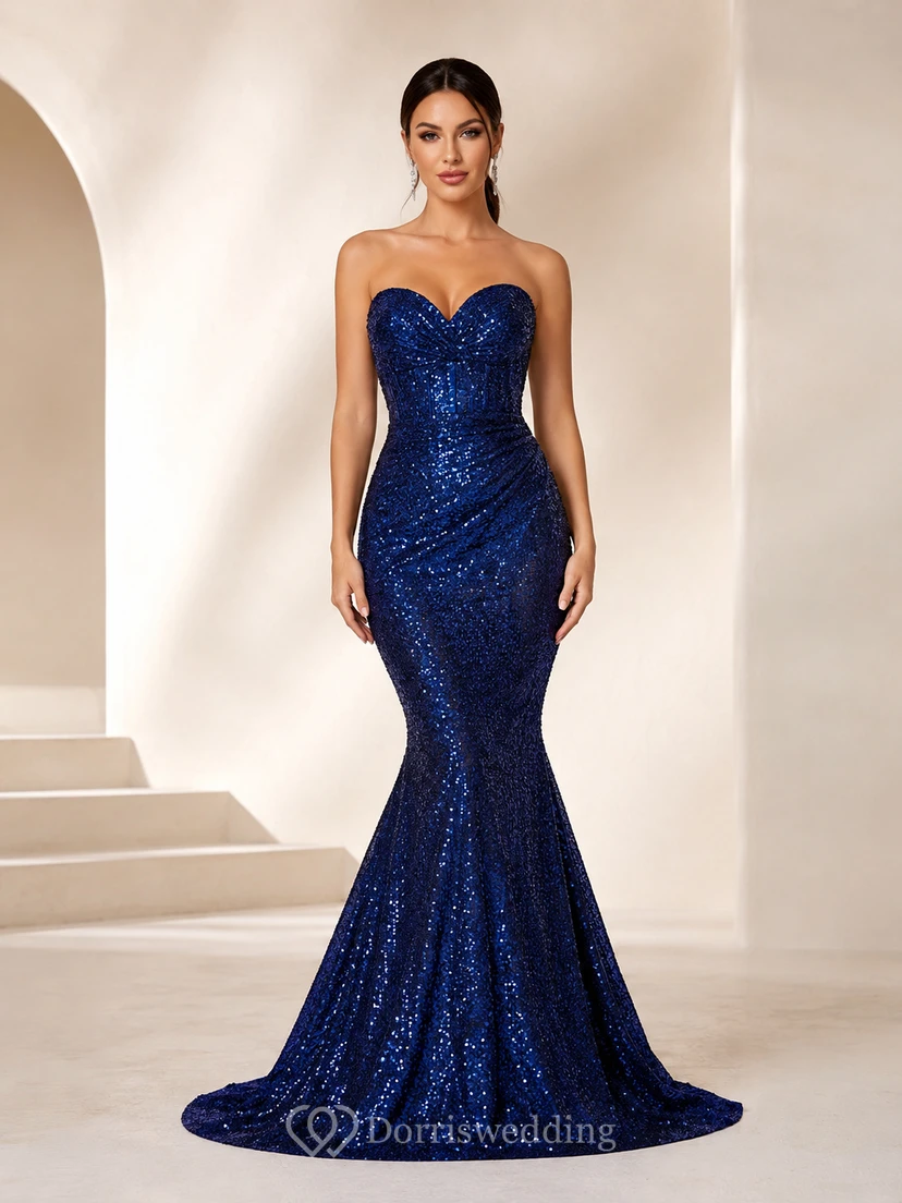 Dark Navy Sequin Strapless Mermaid Formal Gown