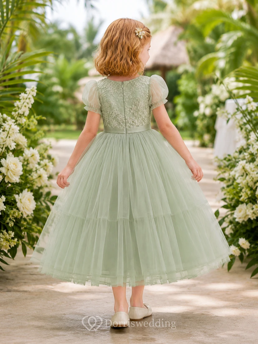 Bohemian Elegant Flower Girl Dress High Neck Cap Sleeve Sage Lace Tulle Floor Length Bow view 2