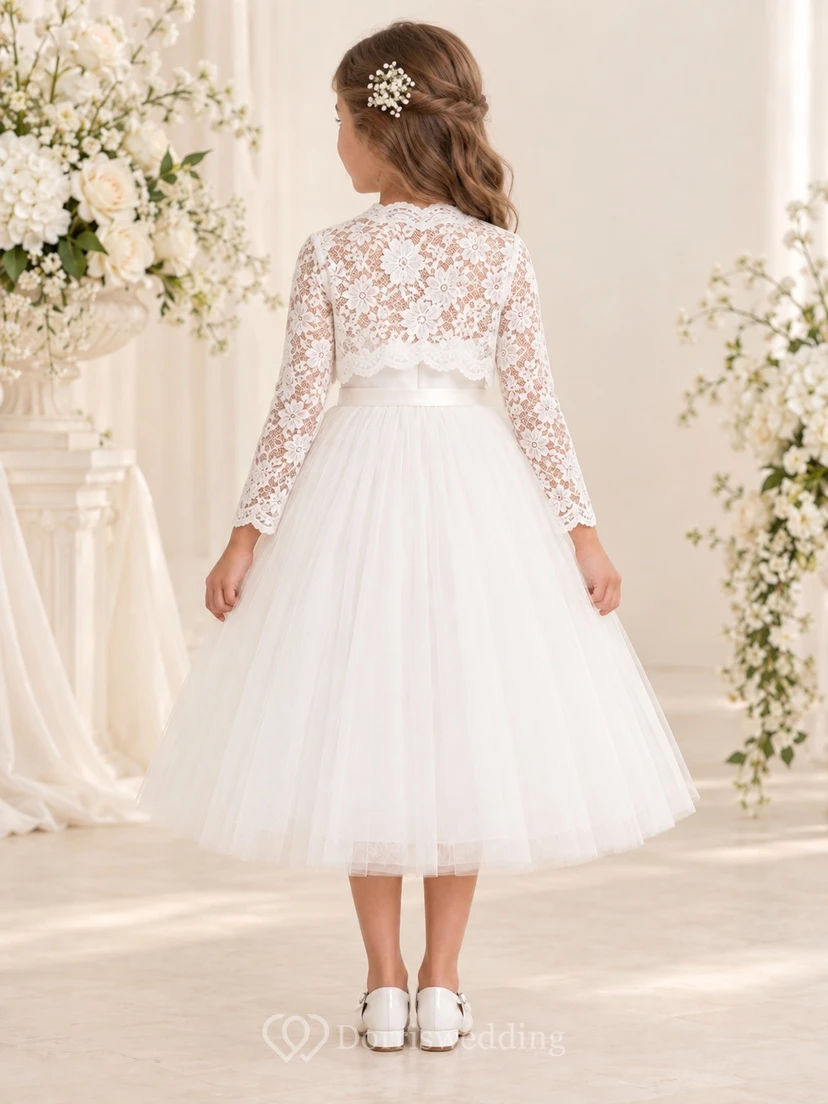 Vestido de niña de flores blanco de corte A, largo hasta la rodilla, manga larga, encaje y tul, bolero con cinturón. view 2