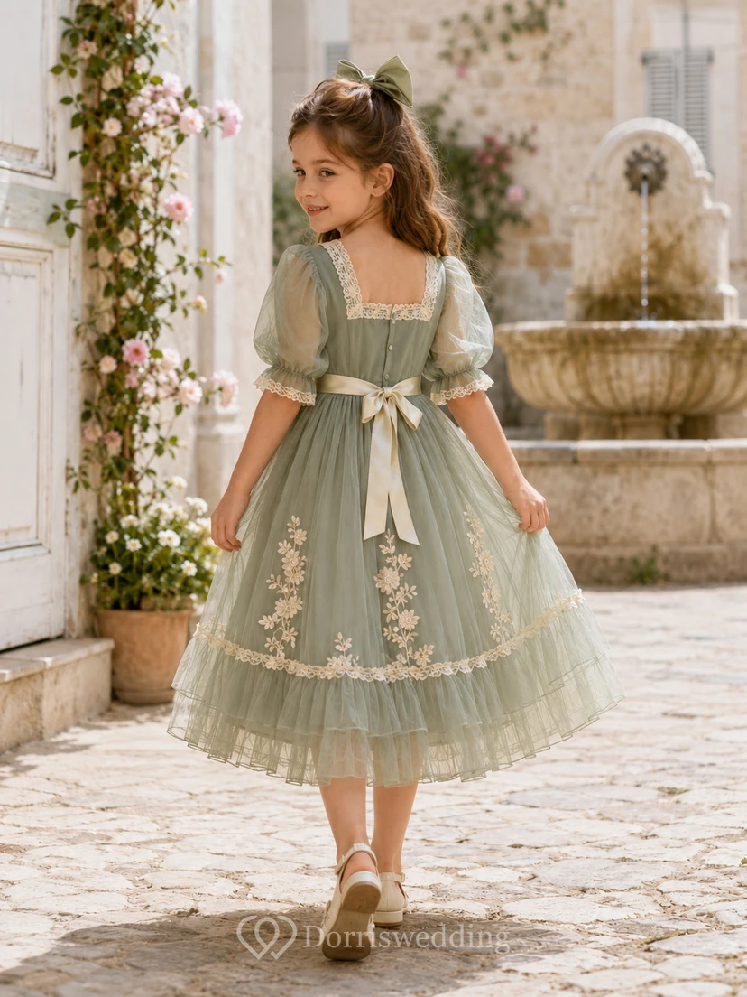 A-Line French Vintage Flower Girl Dress with Square Neckline, Puff Sleeves, Floral Lace, Satin Sash, Tea-Length Garden Style view 2