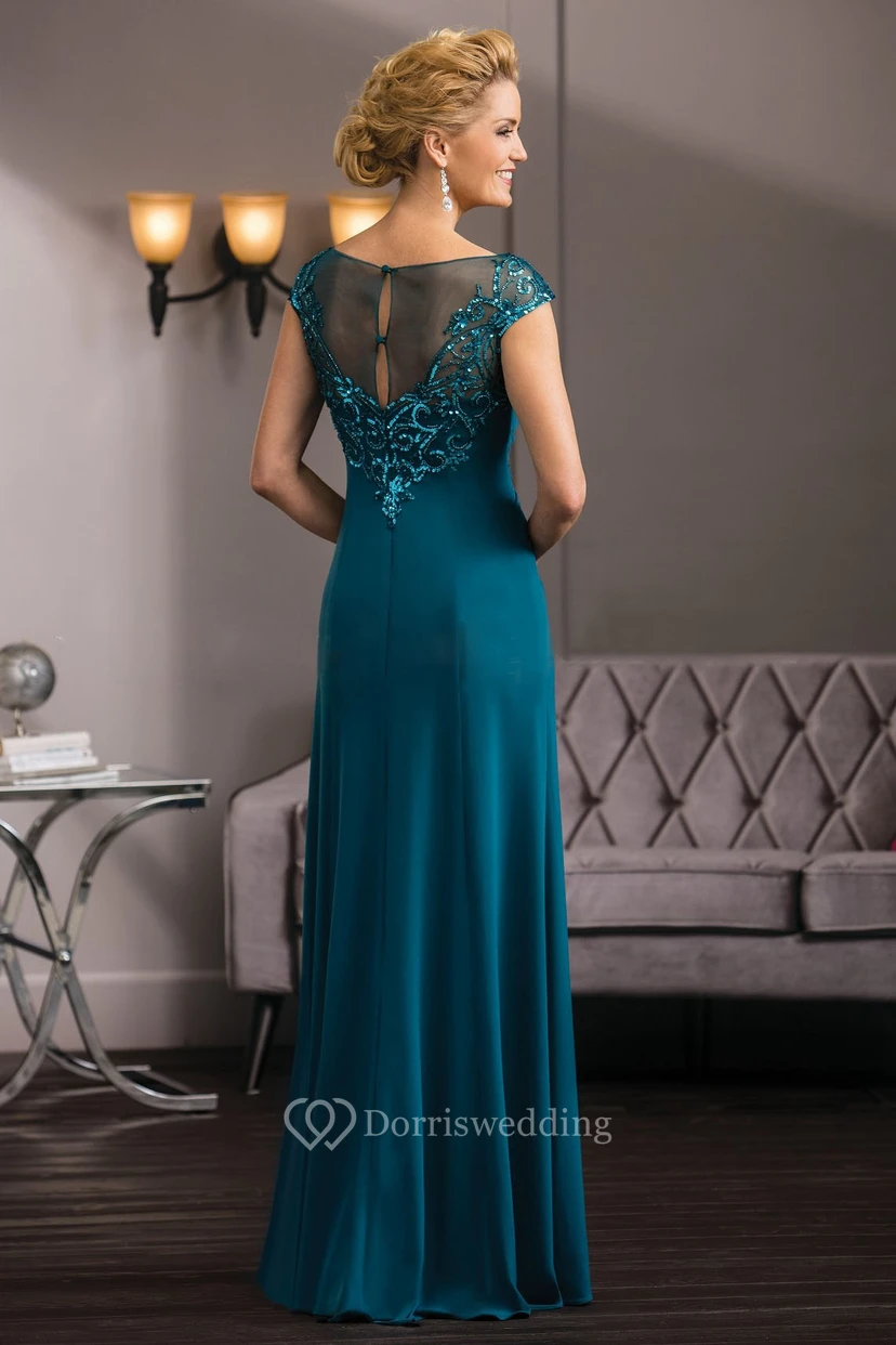 Cap-Sleeved Long Gown With Sequins And Illusion Back view 2
