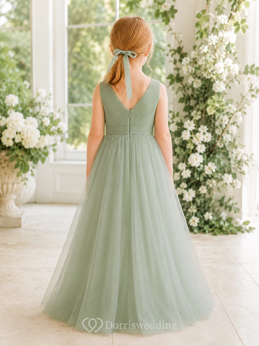 Sage V-Neck Tulle A-Line Flower Girl Dress with Floor-Length Skirt and Pleated Skirt view 2