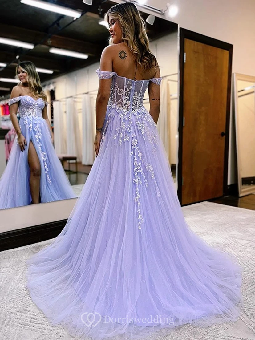 Blaues schulterfreies Tüll-Abendkleid mit Schlitz vorne und Perlenstickerei view 6