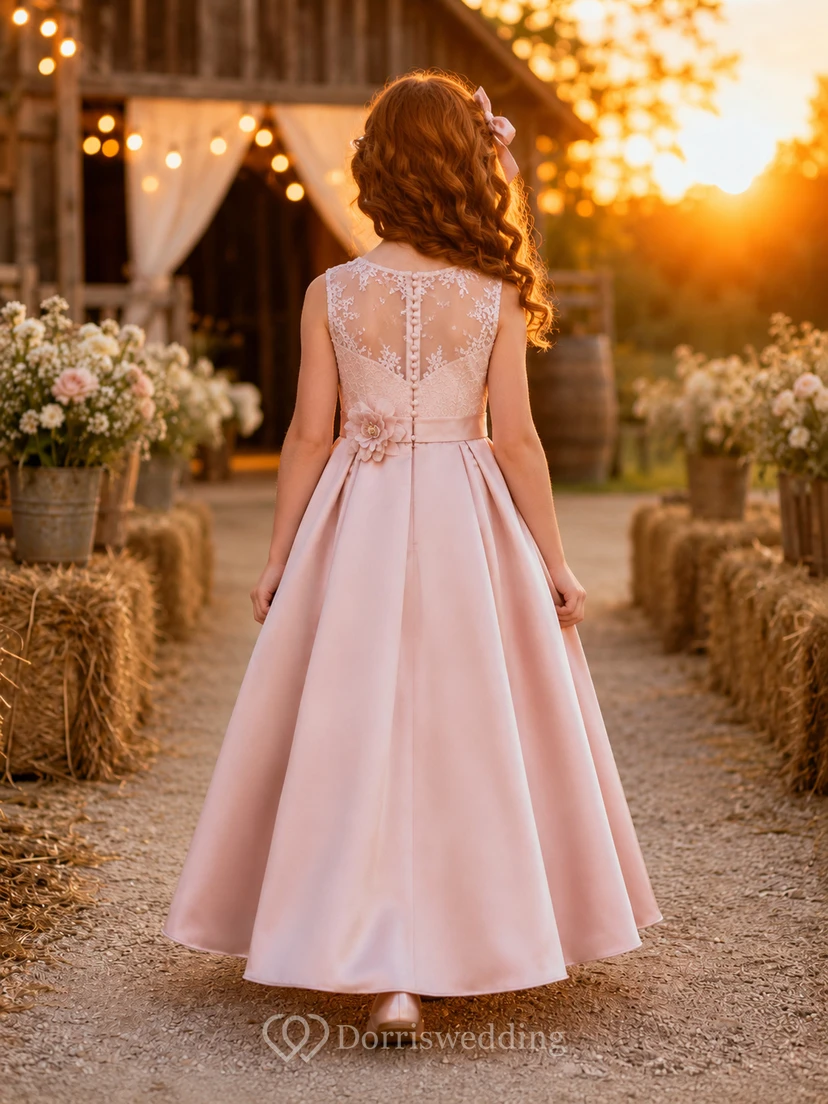 Flower Girl Dress Blush Satin A-Line Short Sleeve Jewel Neck Tea Length Bow Detail view 2