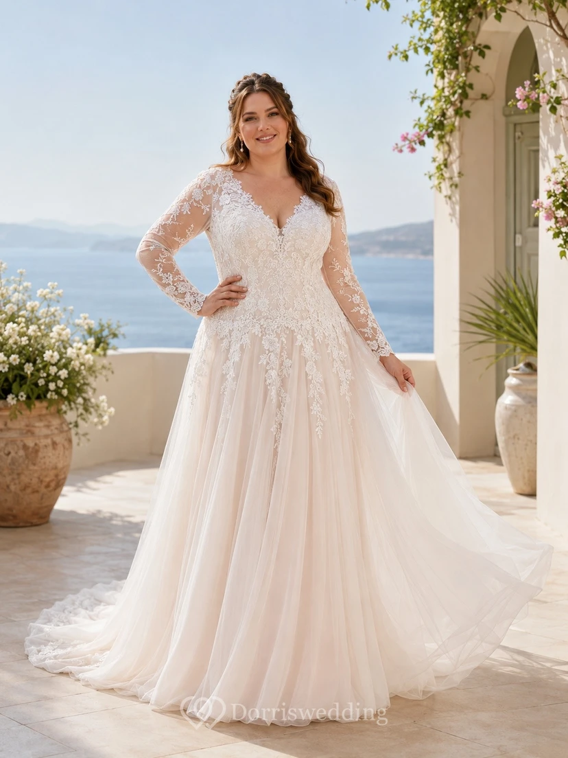 Vestido de novia sencillo de talla grande con escote en V, manga larga y corte en A.