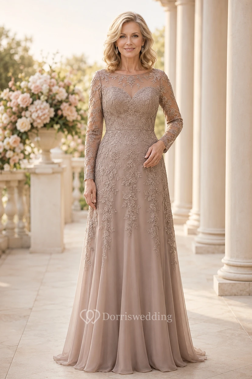 Taupe Long Sleeve Lace Bodice A-Line Mother Dress