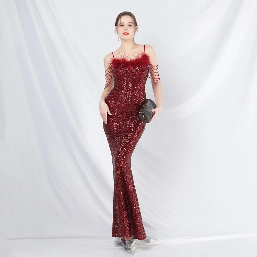 Craft Beaded Ostrich Feather Fantasy Sequined Long Evening Dress view 14