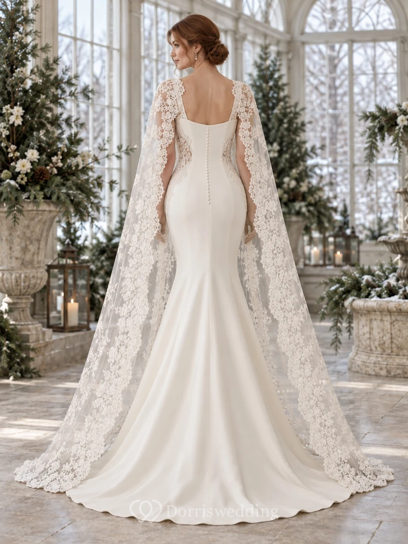 Vestido de novia de satén con capa de encaje festoneada, cuello cuadrado y escote cuadrado, sin mangas, estilo sirena. view 2