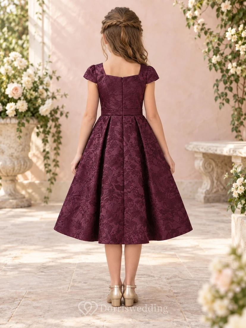 Tea-length Plum Sweetheart Cap Sleeve Floral Jacquard Flower Girl Dress view 2