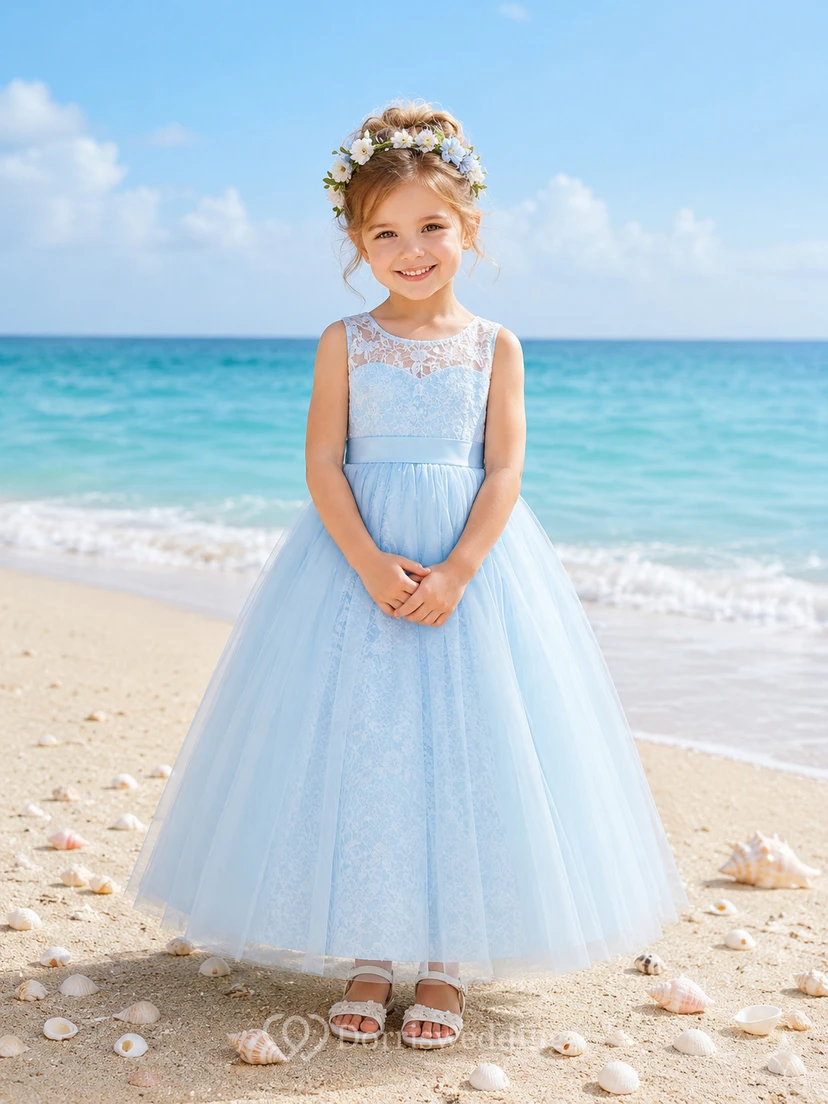 Blue Tulle A-Line Flower Girl Dress with Short Sleeves, Jewel Neck and Tea-Length Skirt