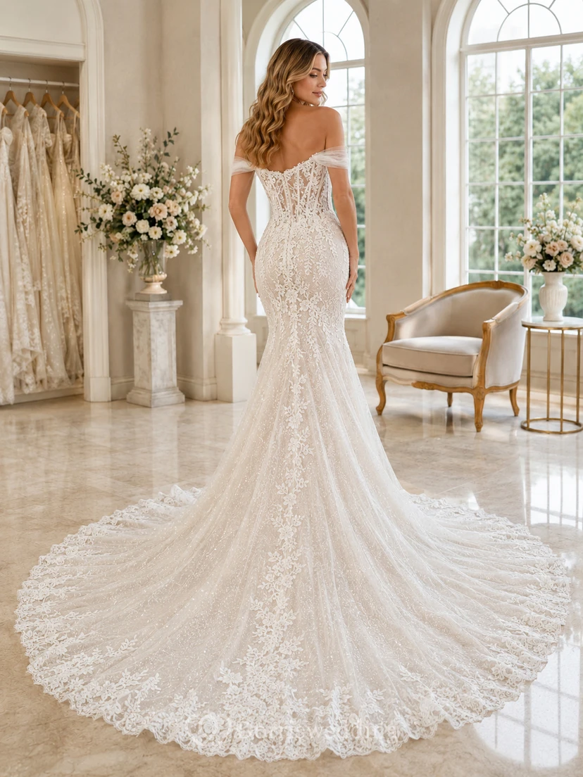 Robe de mariée sirène spectaculaire en dentelle, épaules dénudées, manches courtes, traîne chapelle, applications florales, style jardin view 2
