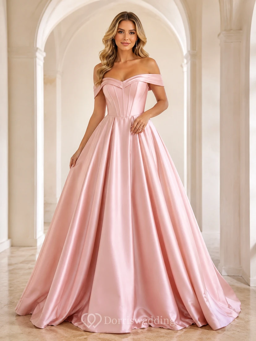 Blush Off Shoulder Satin Ball Gown Formal Dress