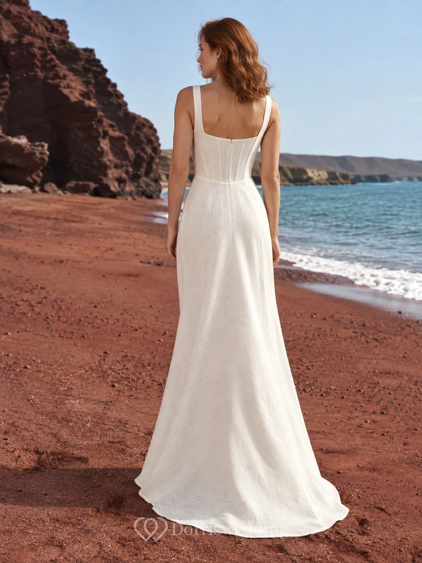 Vestido de novia de lino con escote cuadrado, tirantes, corpiño tipo corsé y falda ajustada. view 2