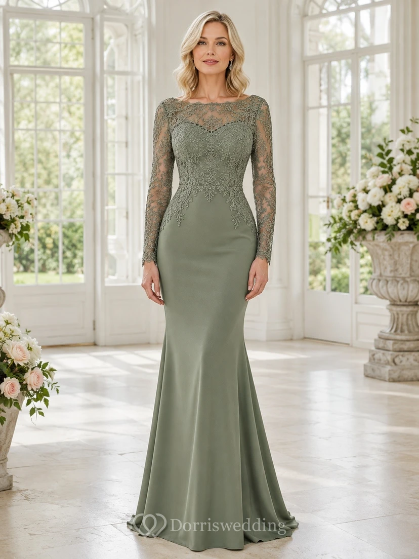Vestido de noche romántico largo hasta el suelo, de encaje color salvia, con escote cuadrado y mangas largas, corte sirena.