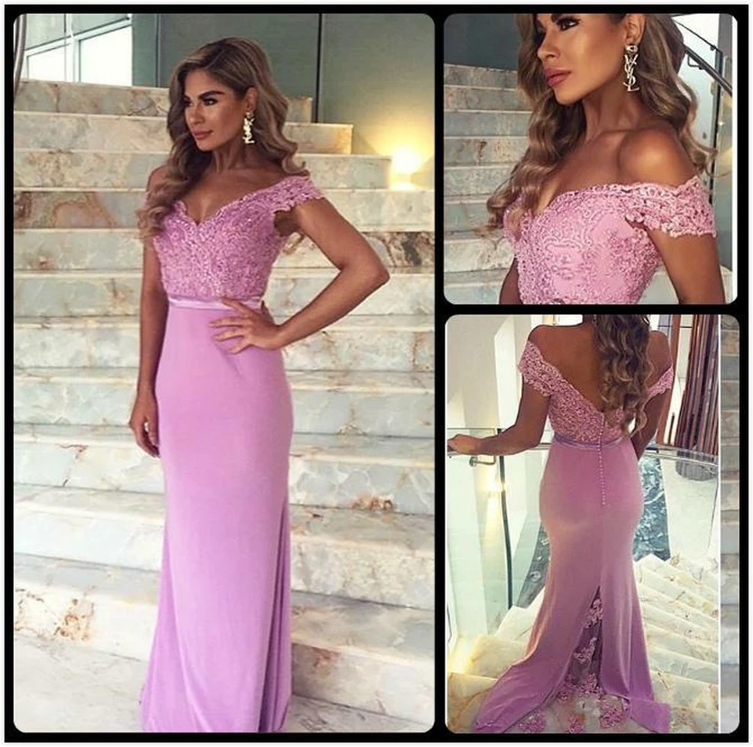 Elegant Lace Appliques Mermaid Prom Dress Off-the-shoulder Sweep Train view 2