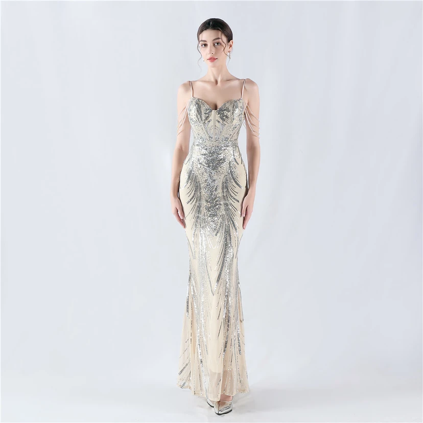 Waist-Reduced Fishbone Shaping Positioning Flower Sequined Anchor Sexy Beaded Suspender Evening Dress video preview