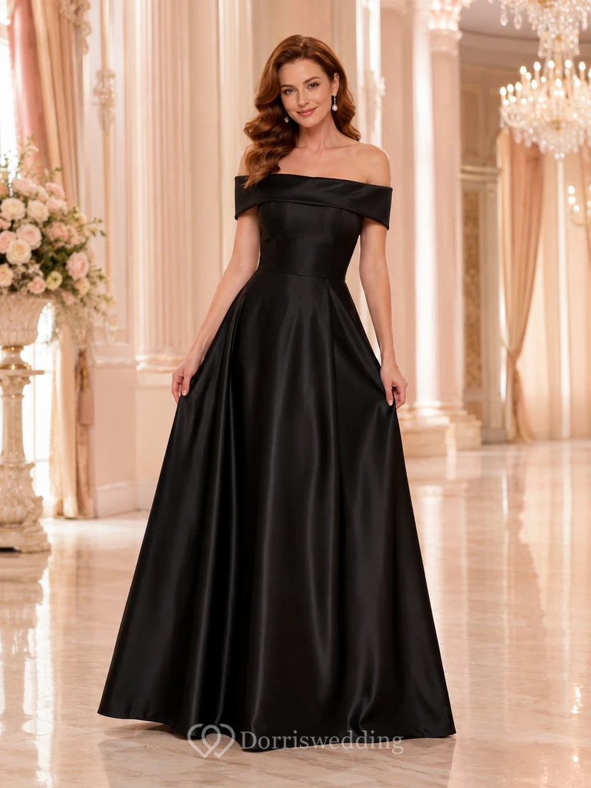 Black Satin Off Shoulder A Line Floor Length Ball Gown
