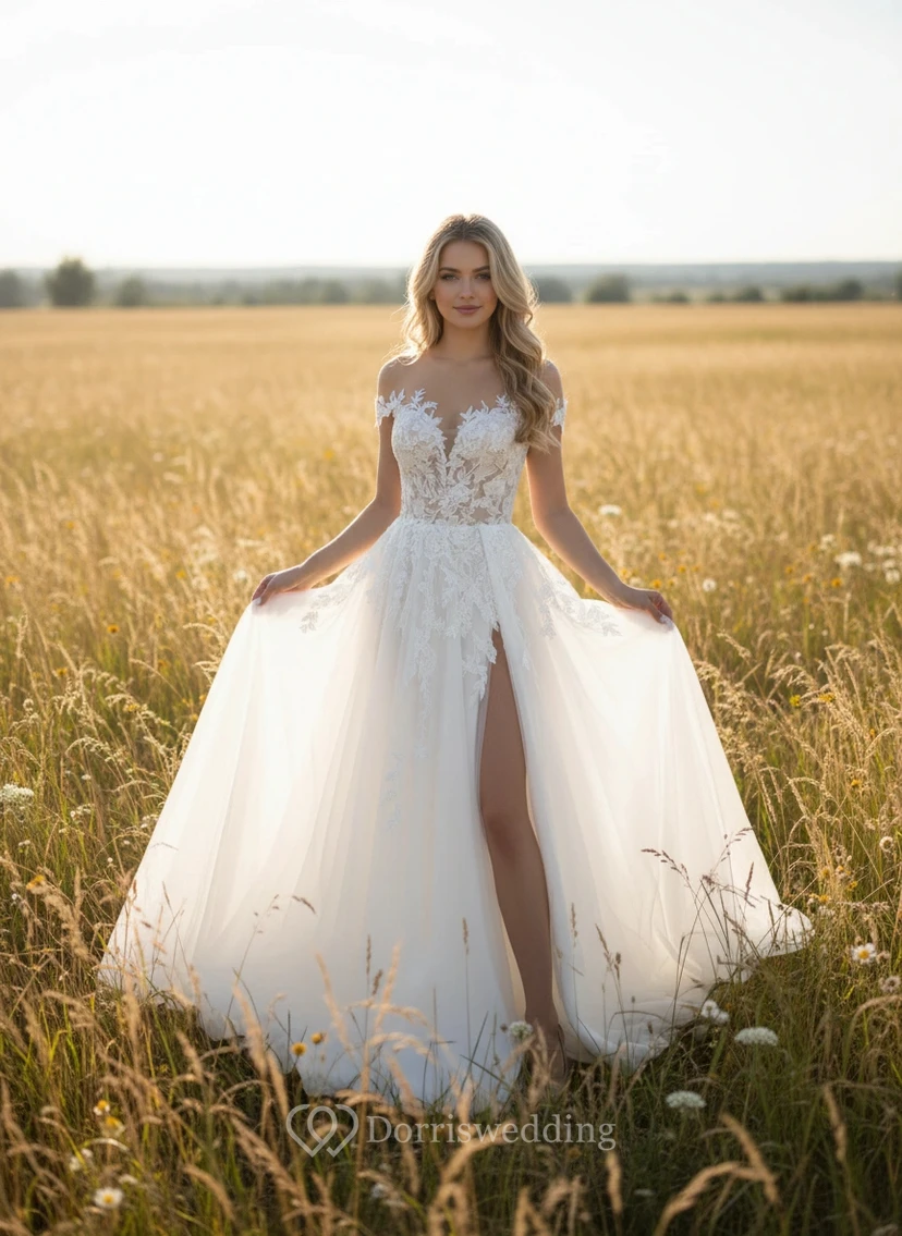 Robe de mariée champêtre en tulle à épaules dénudées et fente haute en dentelle