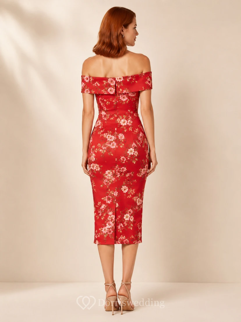 Red Floral Off Shoulder Sheath Cocktail Midi Dress view 2